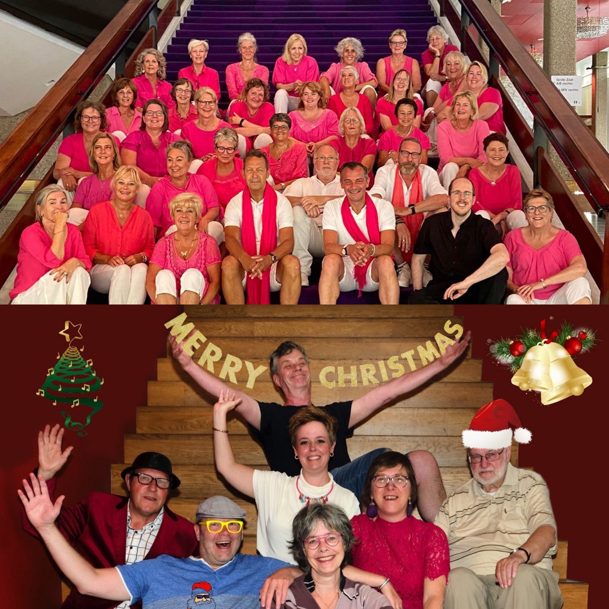 Popkoor Rebound zit op de trap, allemaal in roze en wit gekleed. Foto eronder staat Gouds Muziektheater onder slinger met "Merry Christmas"