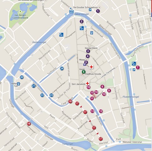 Overzichtsplattegrond van de Goudse binnenstad met alle 24 locaties waar optredens worden gegeven