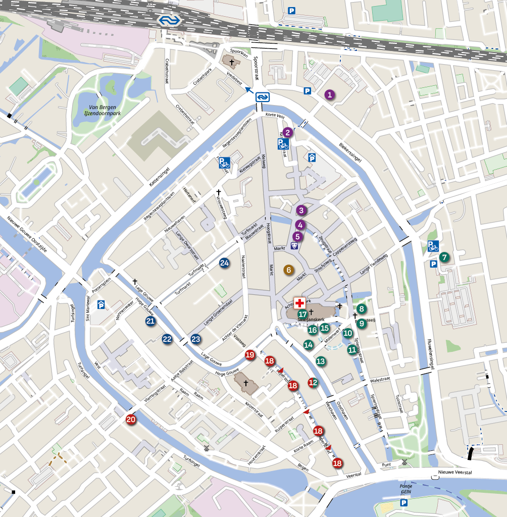 Kaart van het centrum van Gouda met de locaties
