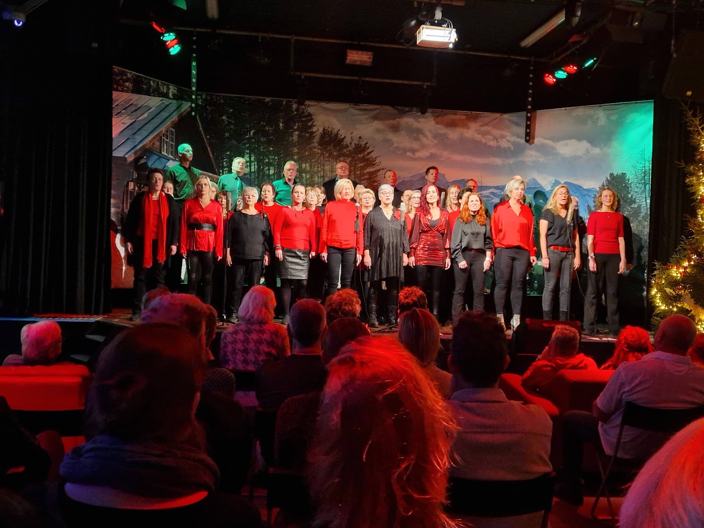 Optreden van popkoor Pop-in-Koor, allen in rood - zwart gekleed. Op de achtergrond een doek met een berglandschap. 