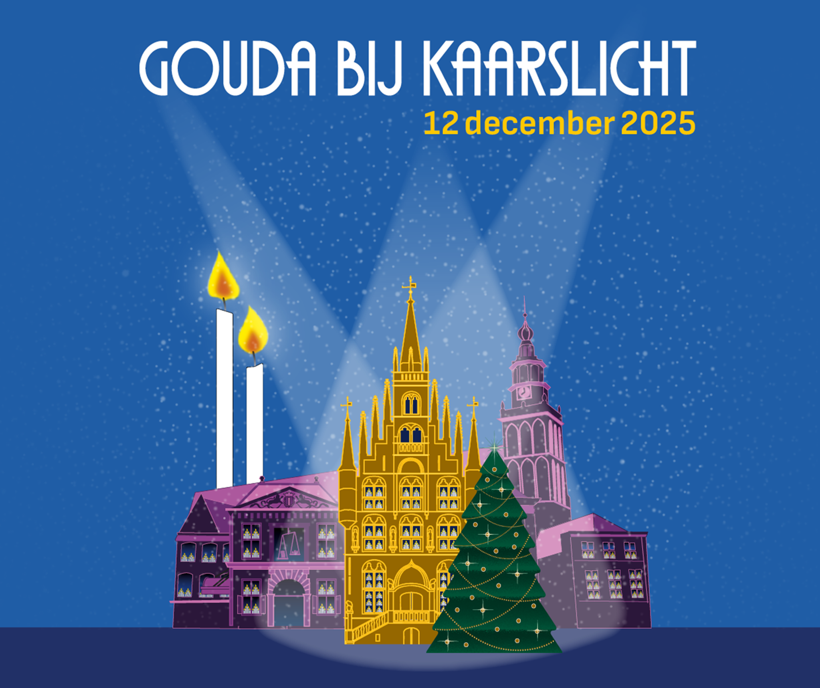 Afbeelding op blauwe achtergrongrond, gestyleerd zijjn het Goudse stadhuis met kaarsen voor het raam, de grote kerstboomoom met lichtjes en andere bekende gebouwen zoals de Waag en de Sint Jan weergegeven. Licht straalt ook vanaf boven op het tafereel. Tekst: Gouda Bij Kaarslicht 16 december 2022