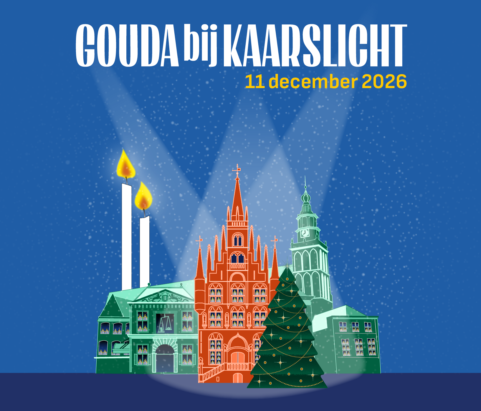 Afbeelding op blauwe achtergrongrond, gestyleerd zijjn het Goudse stadhuis met kaarsen voor het raam, de grote kerstboomoom met lichtjes en andere bekende gebouwen zoals de Waag en de Sint Jan weergegeven. Licht straalt ook vanaf boven op het tafereel. Tekst: Gouda Bij Kaarslicht 16 december 2022